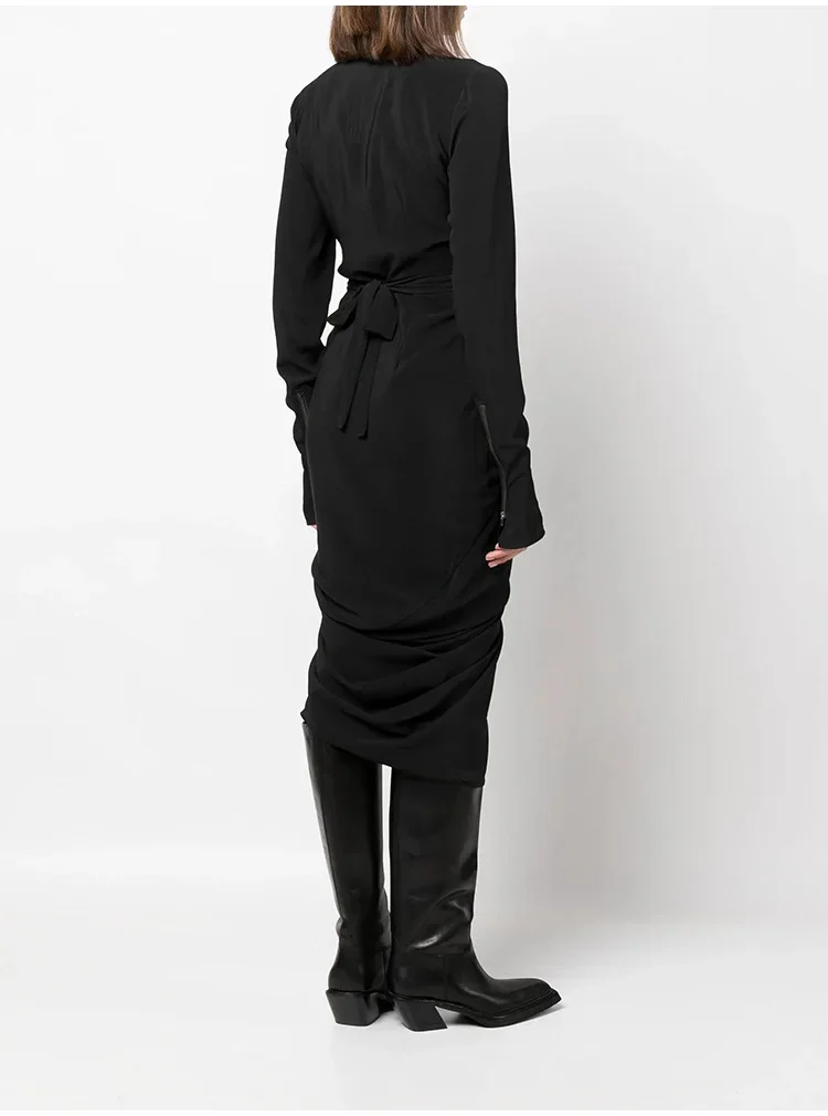 High Street Women's Lace Up Temperament Deep V-neck Long Sleeved Slim Fit Hip Hugging Jumpsuit Long Dress Windbreaker Coat