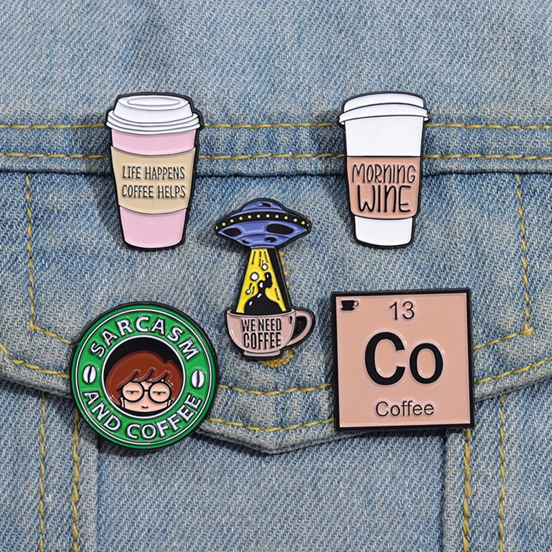 Powered By Iced Coffee Enamel Pins Custom Morning Wine Brooches Lapel Badges Funny Coffee Mind Jewelry Gift for Kids Friends