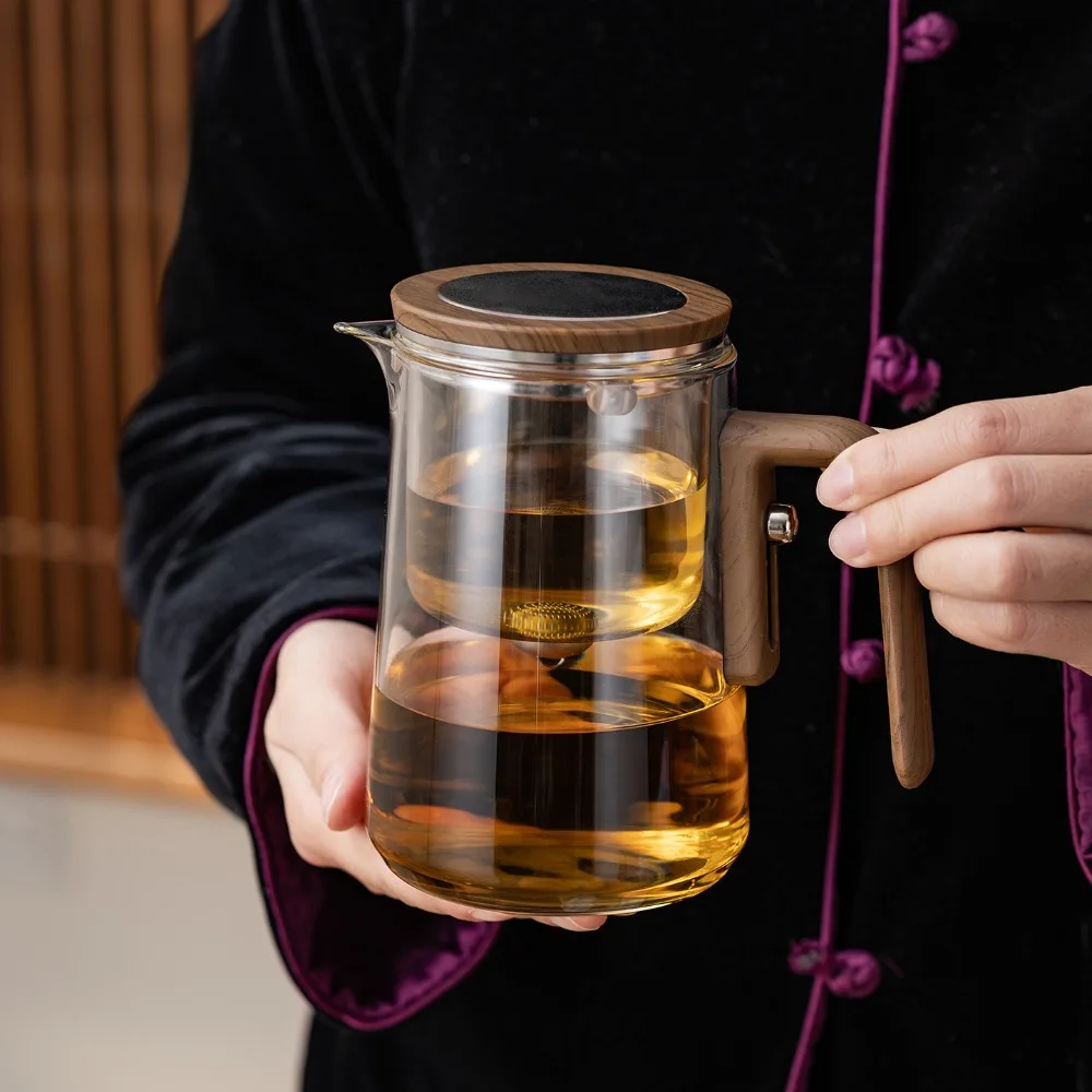 One Click Magnetic Switch Water Separation Inner Container Teapot Glass Wood Handle Filter Tea Cup Clear 600/800 ML