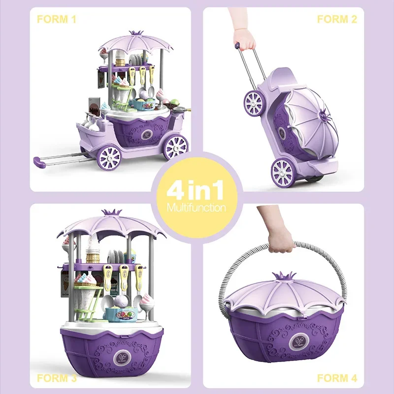 Carrito 4 en 1 para hacer helados para niños, carrito de dulces, simulación de maquillaje, estación médica, coche de princesa de compras, juguete para regalo