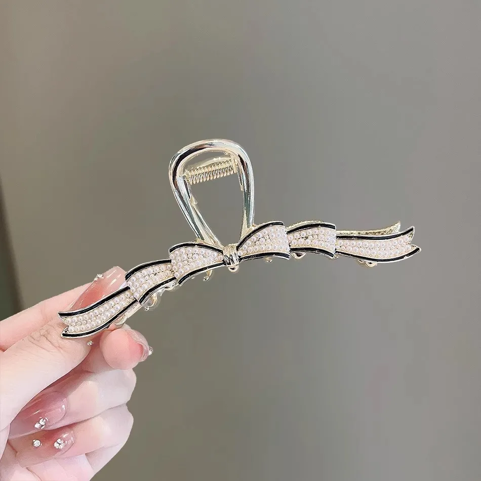 

Non-Slip Large Bow Hair Claw with Pearls Metal Shark Clips for Long Hair Elegant Hair Barrettes for Women, Head Hair Accessories