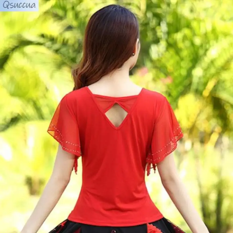 New Latin Stage Dance Clothes Tops Short-Sleeved Women's Square Dance Clothes