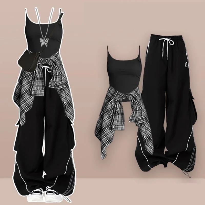Girls' 2026 Autumn New Fashion In Tracksuit Matching Set Korean Elegant Striped Shirt+Vest+Casual Cargo Pants 3-Piece Suit