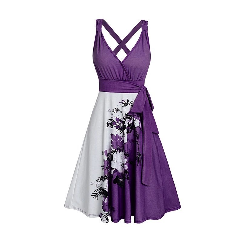Dressfo Women's Dress Floral Leaf Pattern Contrast Color V Neck Surplice Vacation Dress High Waisted A Line Belt Casual Dress