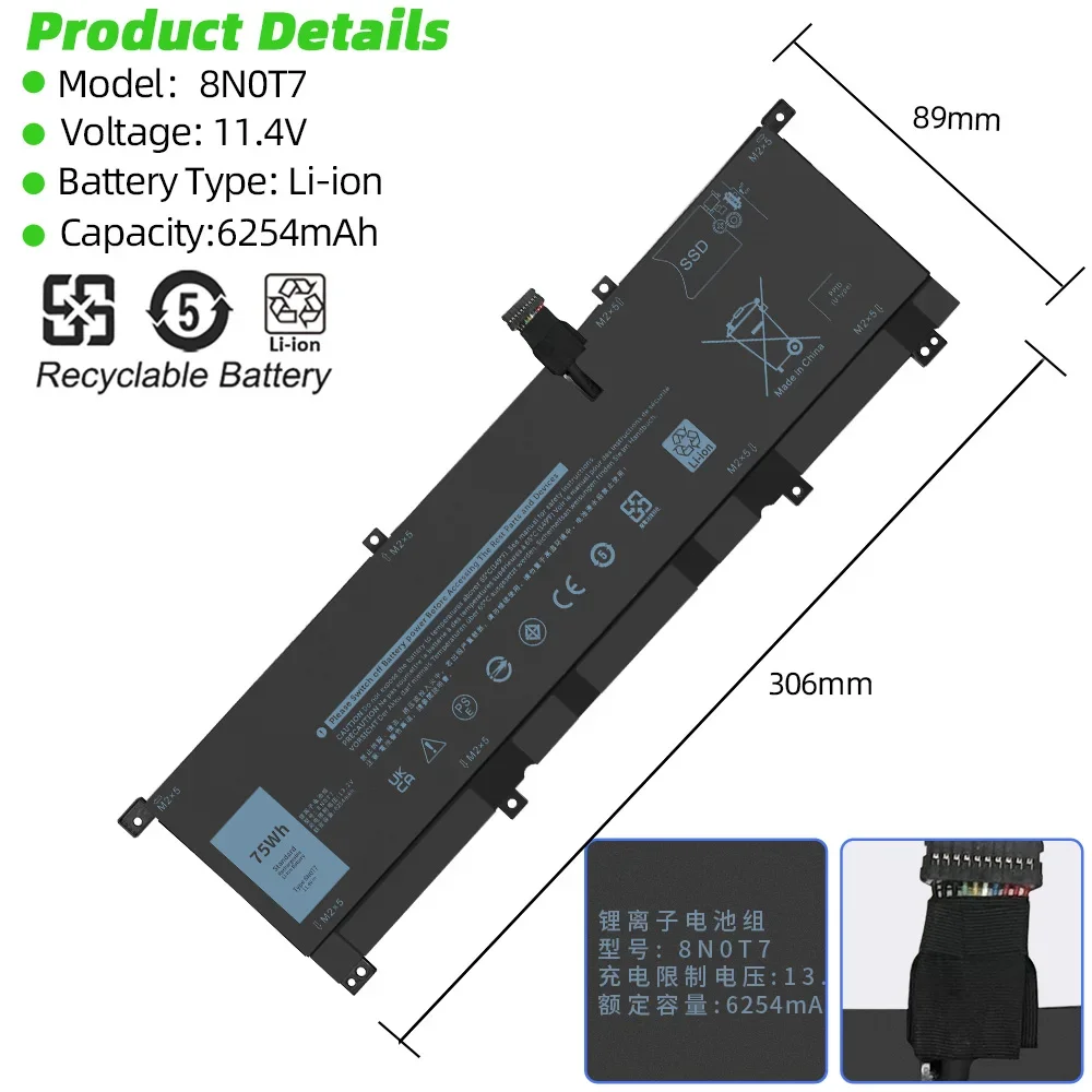 SKOWER 75Wh 8N0T7 Battery for Dell XPS 15 9575 2-in-1 Precision 5530 2-in-1 Series P73F P73F001