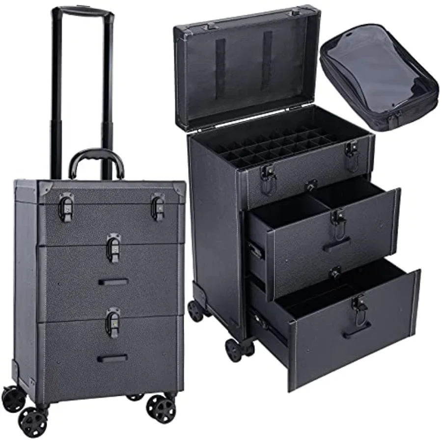 

Чехол для инструментов для маникюра на колесиках из веганской кожи — органайзер для хранения принадлежностей для мастеров маникюра, косметологов и стилистов, черный цвет