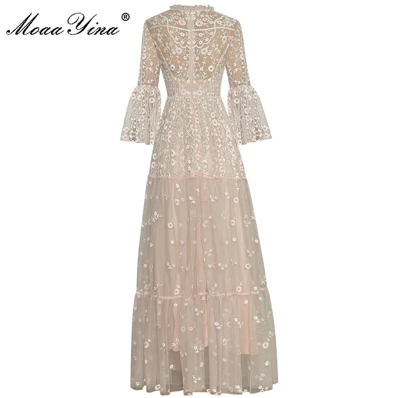 Summer Women Dress 3/4 Flared Sleeves Sequins Embroidery Mesh Maxi Party Dress For Women 2023 Luxury Brand High Quality