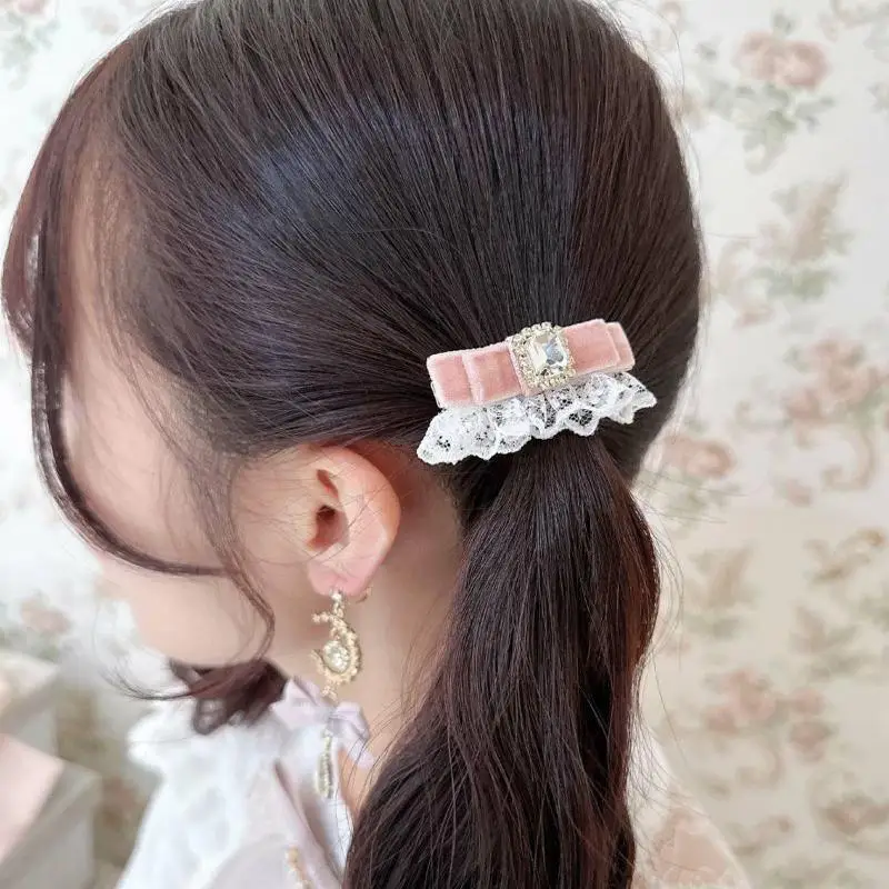 القوس خمر مع الدانتيل 1 زوج لوليتا أغطية الرأس الحلو لطيف المخملية حجر الراين إكسسوارات الشعر y2k اكسسوارات لفتاة دبوس الشعر