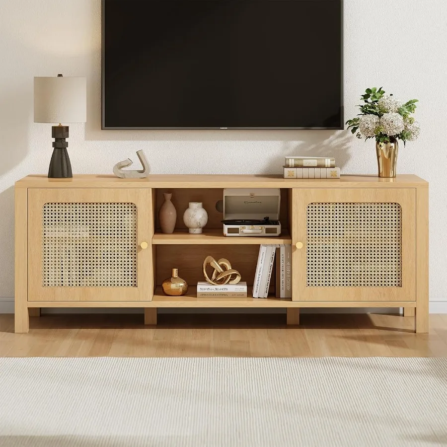 Rattan TV Stand with Adjustable Shelf and Open Shelves, Natural Oak