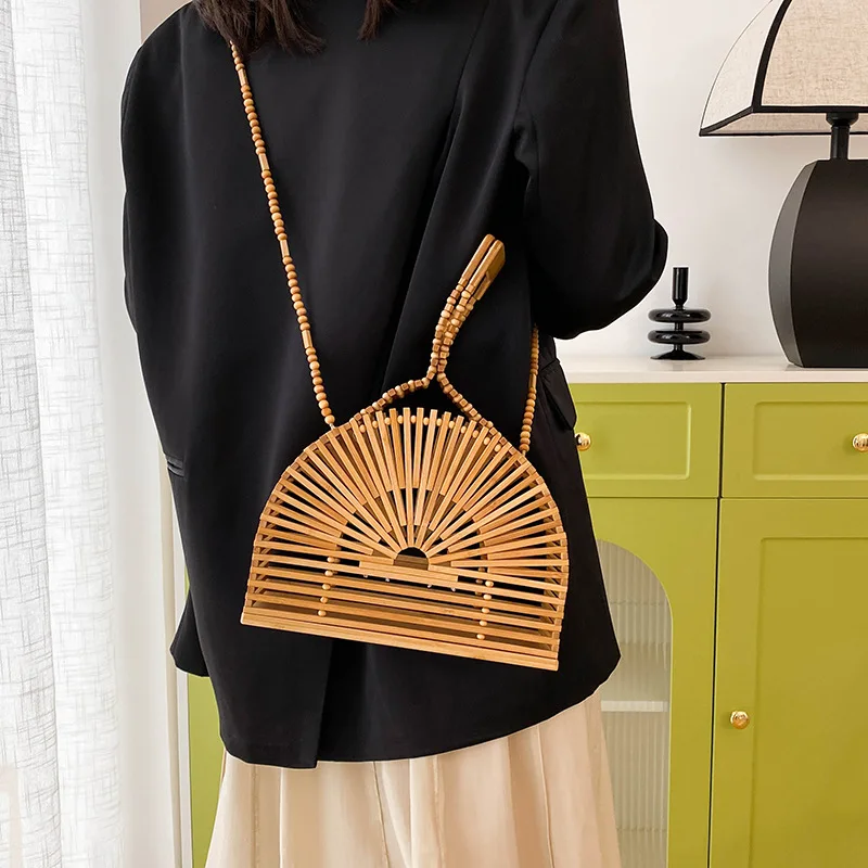 Handmade Bamboo Semicircle Handbag Hollow Out Beach Vacation Tote Bead Handle Makeup Pouch Woven Storage Bag House Organizer