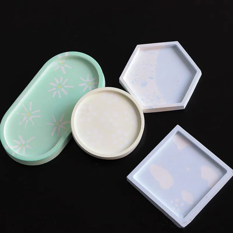 DIY Oval Tray Saucer Silicone Mold Square Hexagonal Base Mold Round Plaster Succulent Flower Pot Making Base Coaster Mold