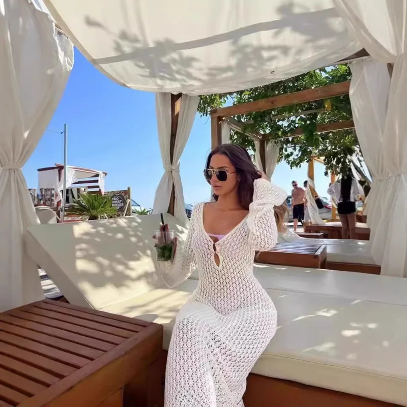

Trendy Europe and America Beach Holiday Bikini Cover Up Lace Crochet Knit Long Dress Summer Boho Chic Swimwear Fashion