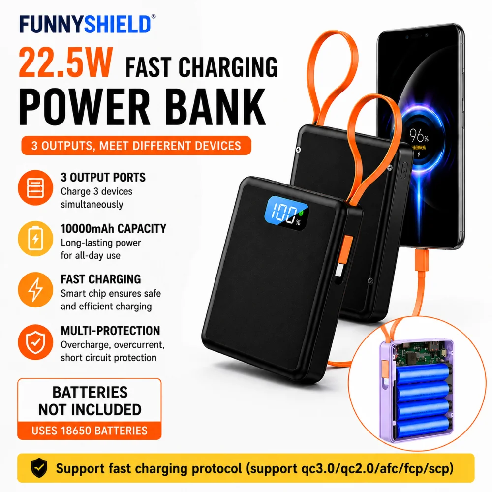 FUNNYSHIELD 4*18650 Power Bank Cases 10W Battery Holder Portable 22.5W Type C Fast Charging Shell for Phone With Charging Cable