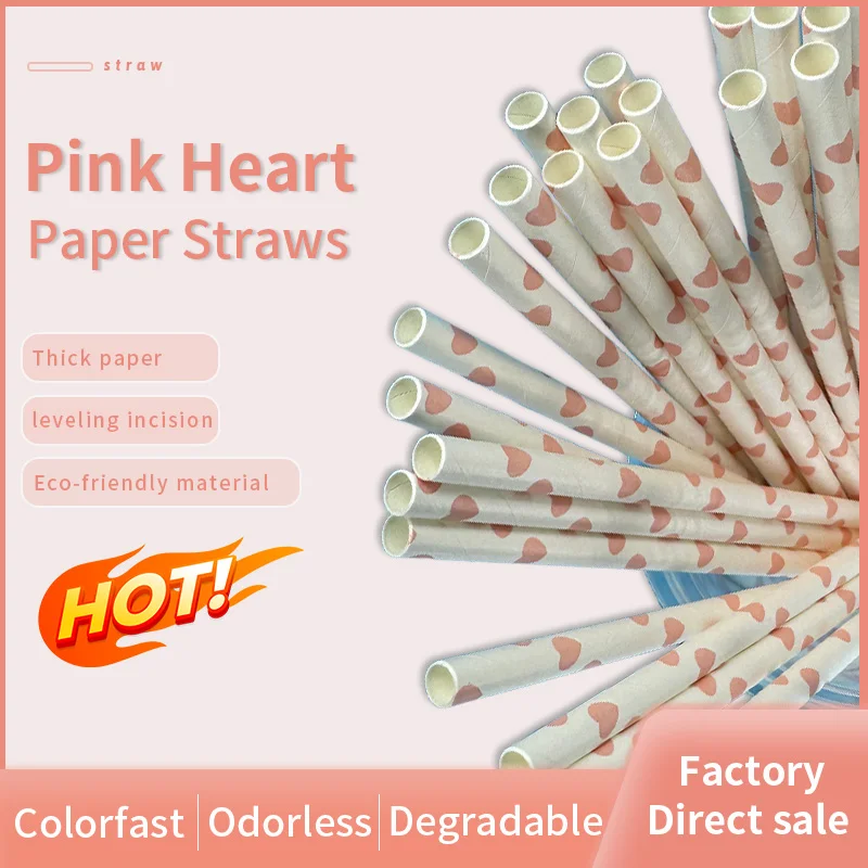 

600 Pcs Pink Heart Biodegradable Straw Paper Material Food Grade Drinking Straw Restaurant Bar Hotel Disposable Decoration