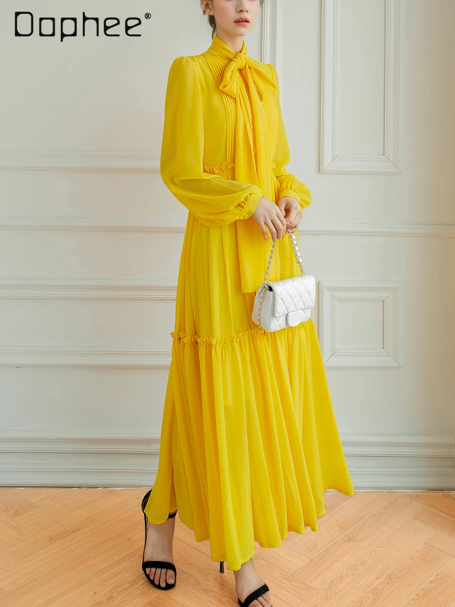 فستان أصفر فاخر فاتح راقي للنساء على طراز خرافي أنيق بأكمام طويلة وقصة ضيقة فستان متوسط الطول فساتين سهرة اجتماعية #2