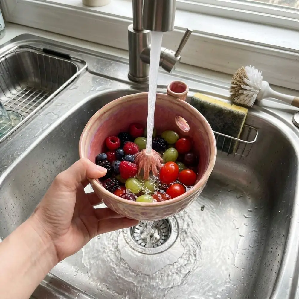 Automatic Vortex Fruit Washing Bowl Large Capacity Integrated Drainage Hole Ceramic Berry Washer Central Flow Guide