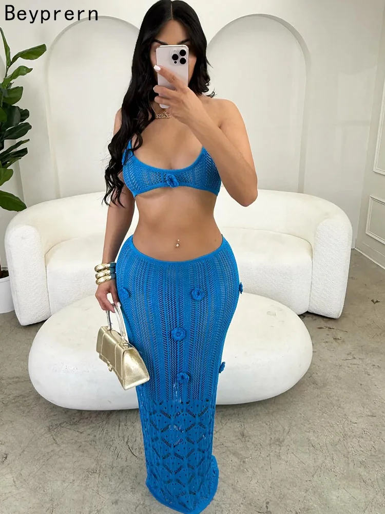 

Beyprern женское платье из двух предметов королевского синего цвета с цветочным принтом, женская летняя вязаная юбка, комплект, пляжные купальники, розовые отпускные наряды