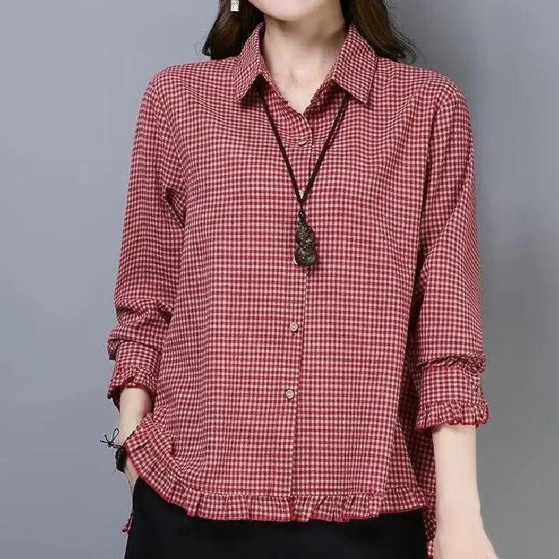 Spring Autumn Plaid Shirt For Women 2025 New Loose Versatile Long Sleeved Top Elegant Ruffle Edge Lapel Single-breasted Jacket