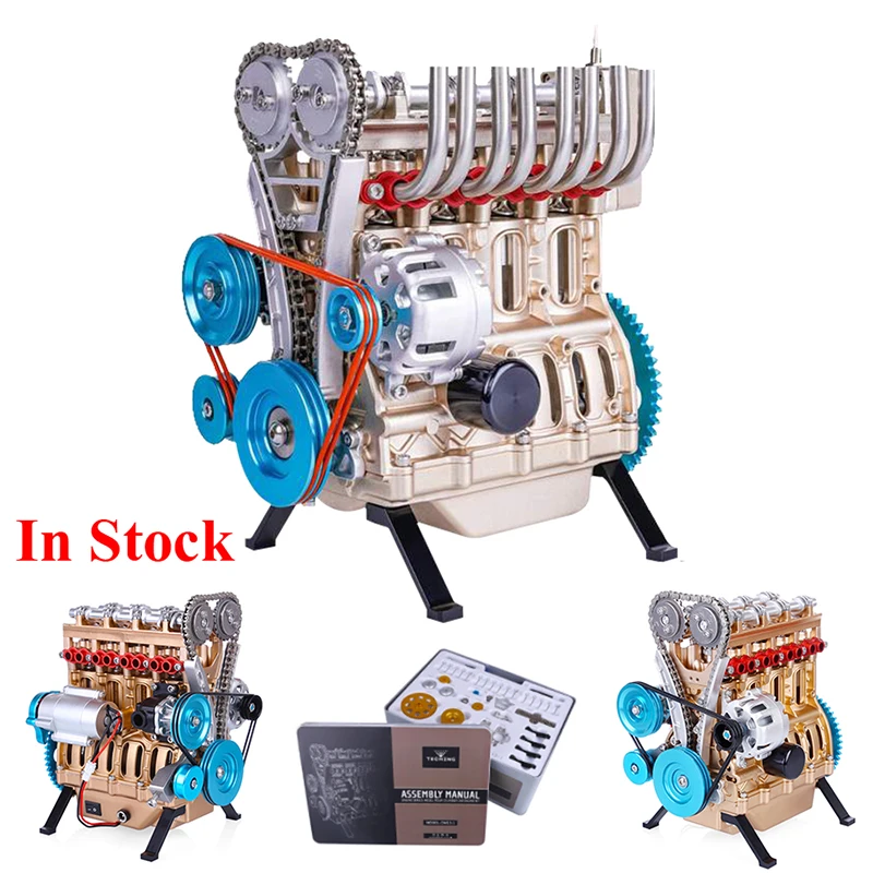 300+ Parts TECHING Metal Four Cylinder Engine Model DIY Inline Engine Assembly Model Educational Toy Gift