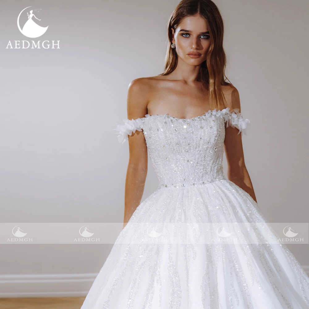 Aedmgh A-Line Glitter Abiti da sposa Sweetheart con spalle scoperte Robe De Mariee Abito da sposa elegante su misura con perline in pizzo