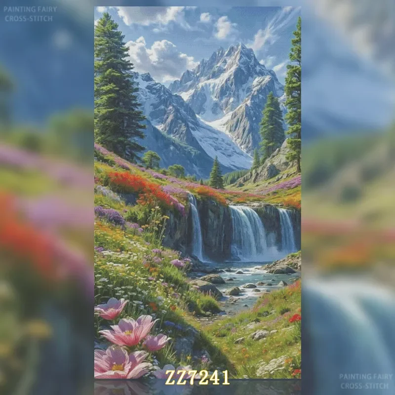 [ZZ7241-River scenery under snow-capped mountains] Stamped Cross Stitch Kit 11/14/16/18CT Printed Canvas Cotton Floss Embroidery
