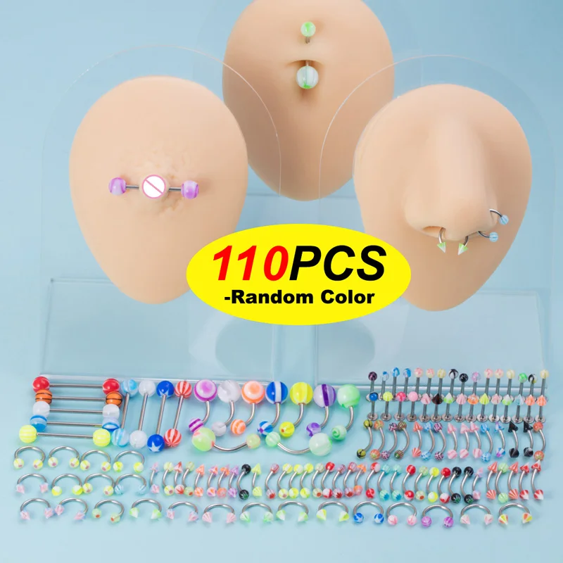 60-110pcs Body Piercing Jewelry Set Mixed Style Acrylic Ear Stud Bar Lip Tongue Barbell Nose Septum Piercing Belly Button Ring