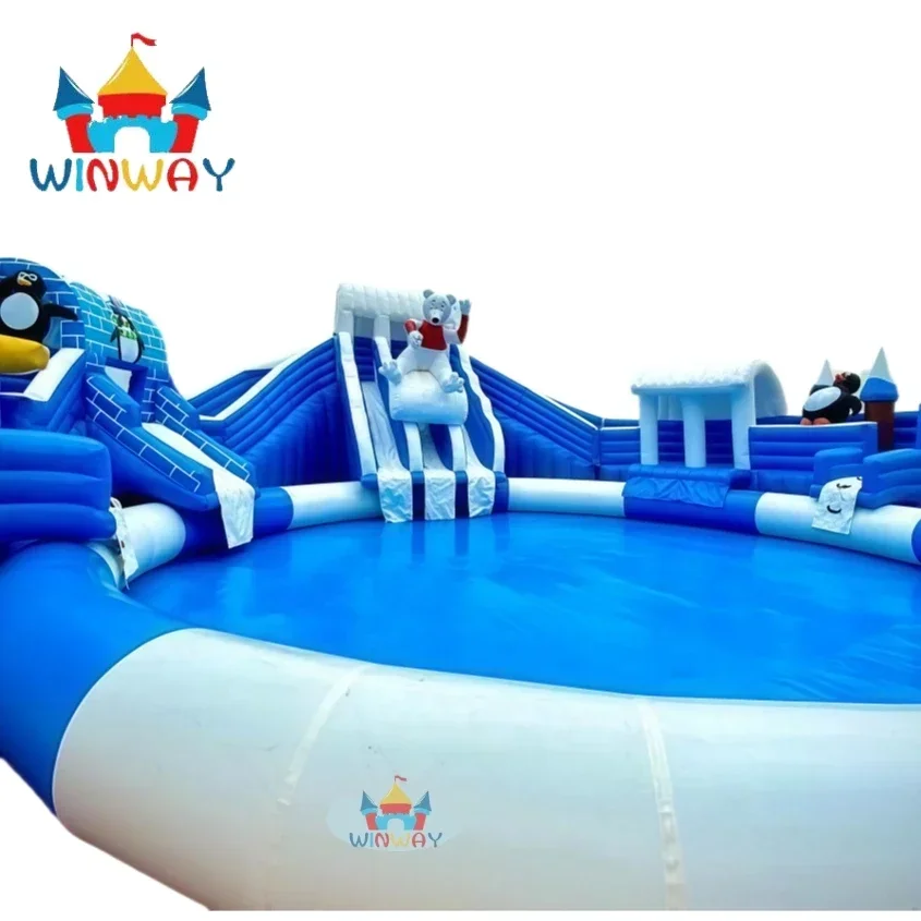 Newly Upgraded Custom PVC Blue And White Inflatable Water Park With Swimming Pool For Children And Adults To Play