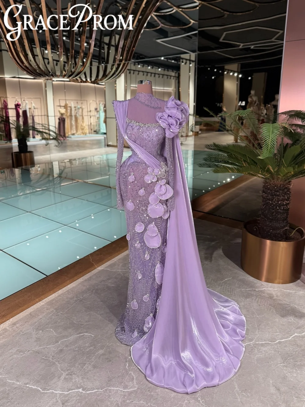 

Purple Embroidery 3D Leaf Evening Dress Sparkling Crystal High Collar Formal Party Gown 2026 Customized Opulent Red Carpet Gown