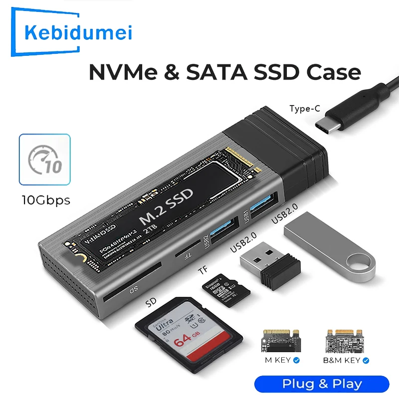 

5 в 1 USB-концентратор M2 SSD-корпус NVMe NGFF 10 Гбит/с Портативный USB C PCIE NGFF Внешний адаптер с функцией хранения дисков