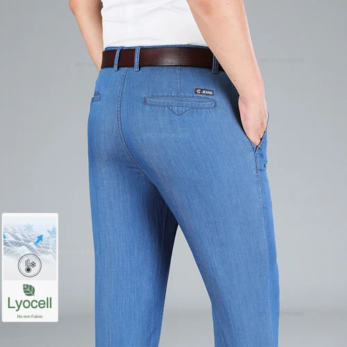 Lyocell Jeans clásicos de cintura alta para hombre, pantalones de mezclilla rectos, drapeado, sin hierro, de marca, Verano