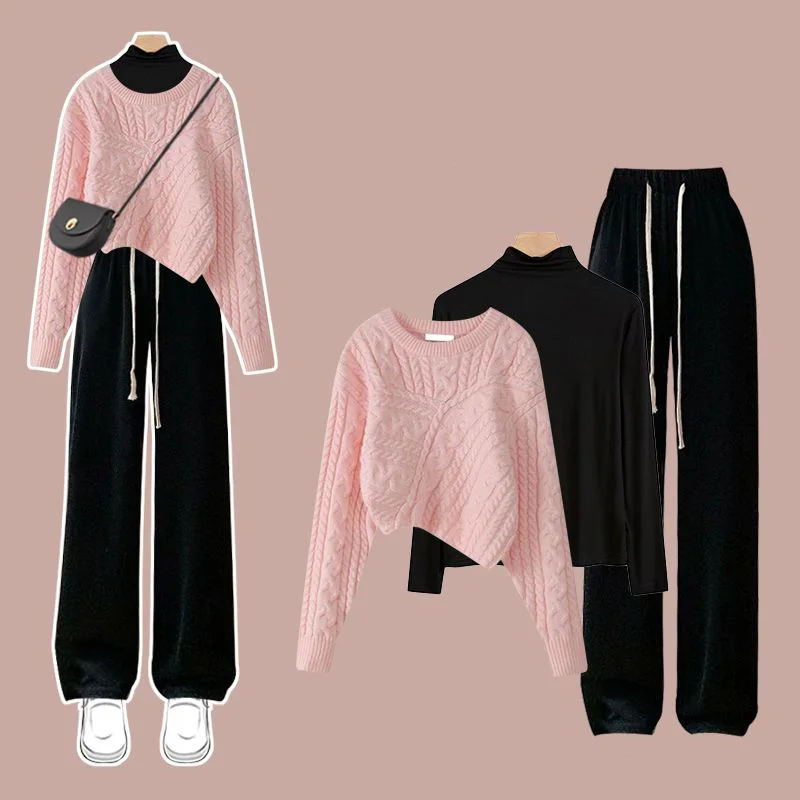 Conjunto de tres piezas para mujer, suéter de punto coreano, pantalones informales, ropa interior, otoño e invierno, novedad de 2024