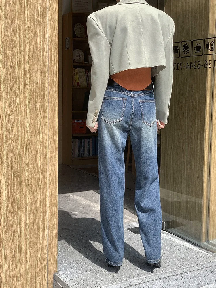 Imagem -03 - Finewords Outono Vintage Lavado Calças de Brim Largas Calças de Brim Femininas Coreano Casual Folgado Streetwear Comprimento Total Harajuku Jeans Retos