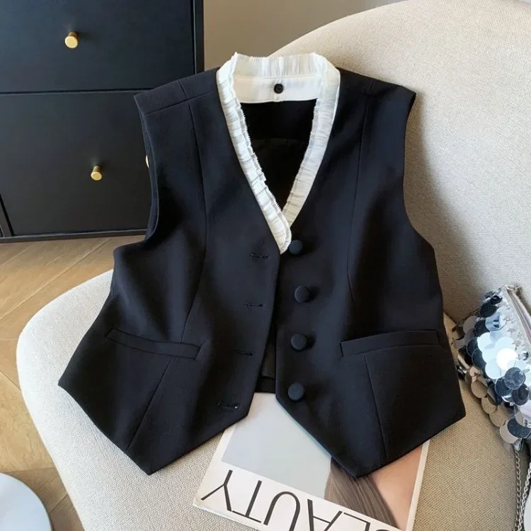 

Fashion Sweeet Fungus Patchwork Coat Women Spring Autumn New Black Single Breasted Tank Tops Y2k Sleeveless V-neck Vest Jackets