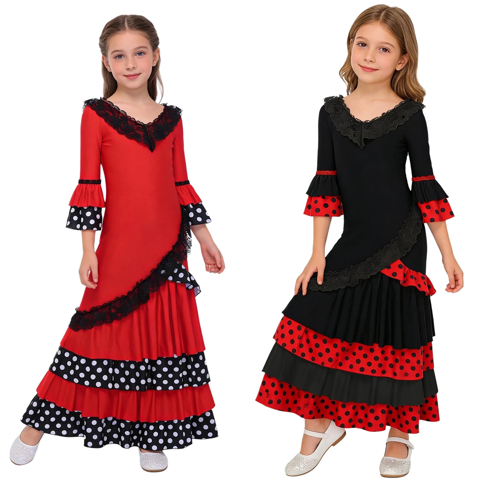 Sevillanas Dress for Girls Traditional Spanish Flamenco Dance Dress Kid Ballroom Tango Modern Costume April Fair Seville Perform