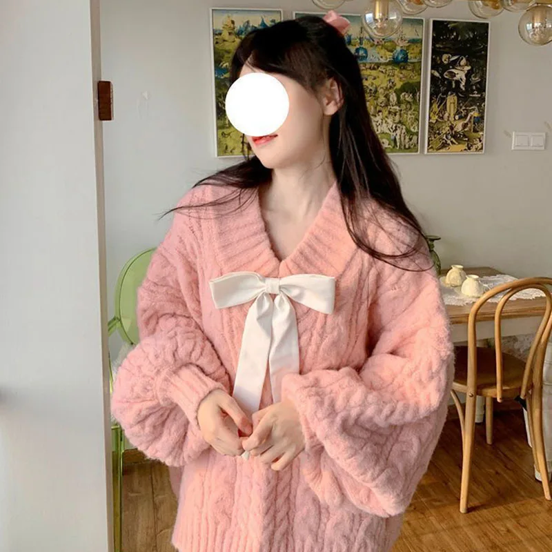 Pink Kawaii Oversize Knitwear Sweaters Women Sweet Cute Big Bow Pullovers Autumn Winter Keep Warm Lantern Sleeve V-Neck Sweater