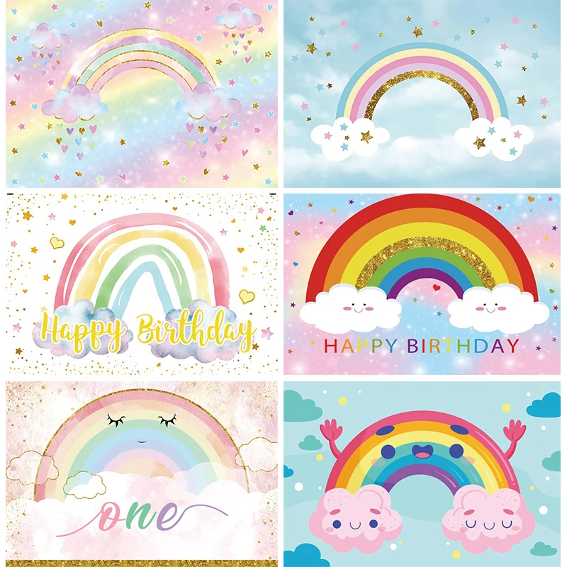

One Year Birthday Girl Rainbow Backdrop Personalized 1st Party Decorations Banner for Kids Newborn Baby Shower Background Wall