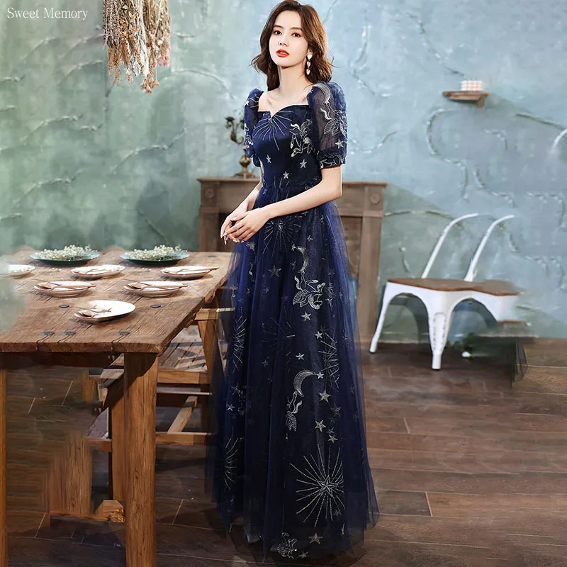 

Navy Blue Evening Dress Boat Neck Embroidery A-Line Fashion Short Sleeves Floor-Length Lace Up Woman Formal Party Gowns A2010