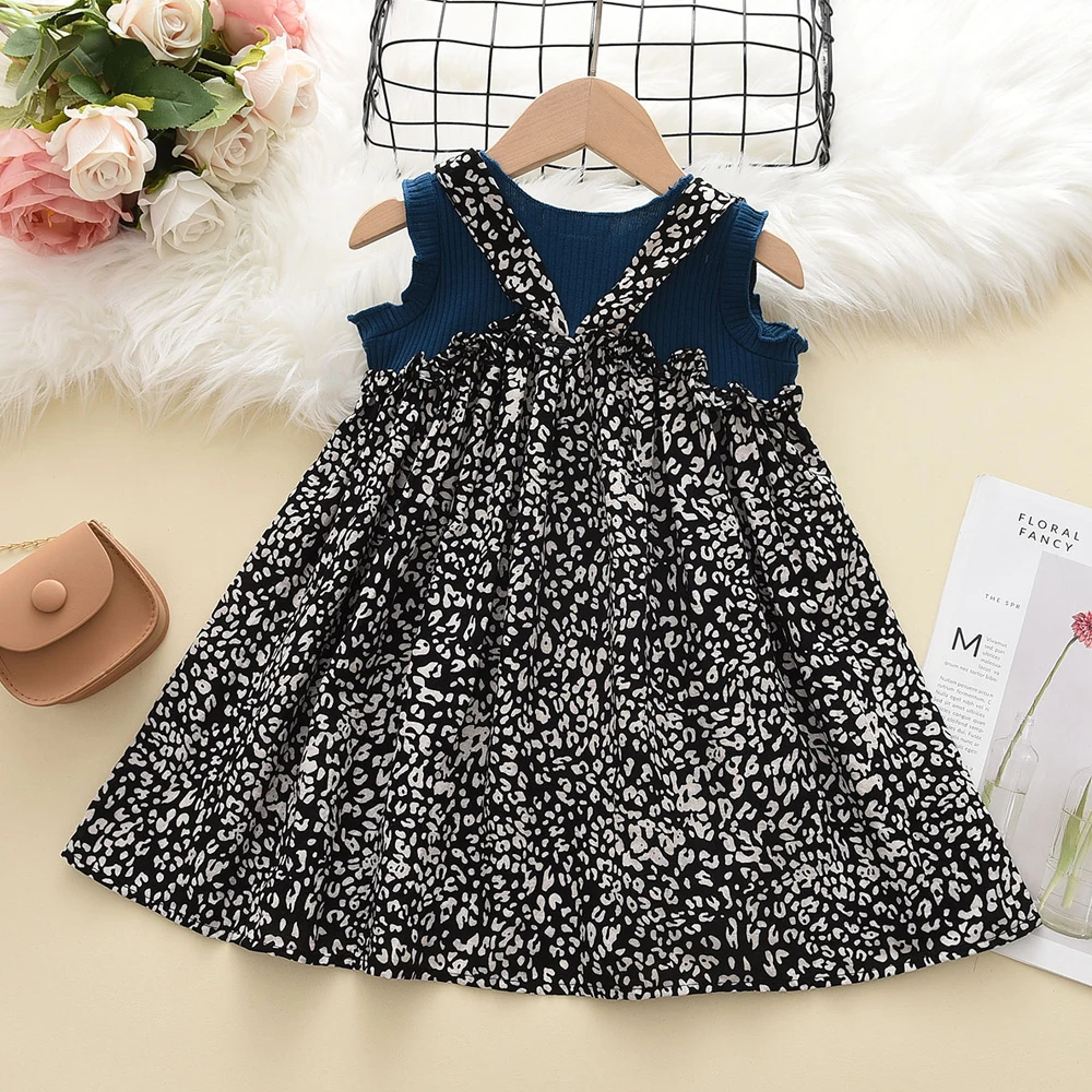 Bear Leader False Two-piece Princess Dresses Summer 3-7Years Girl Casual Fashion Crew Neck Sleeveless Print Kids Clothes