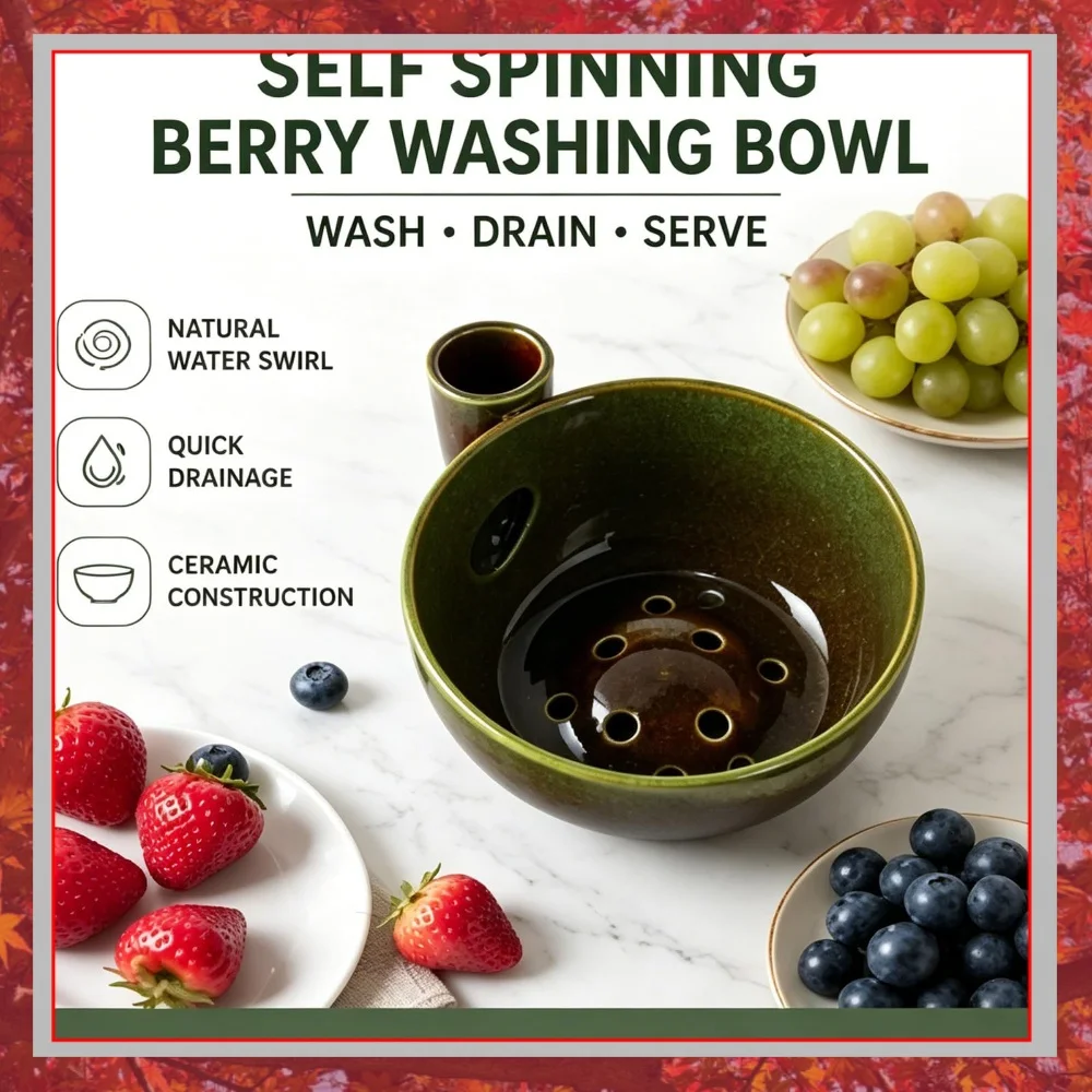 Ceramics Fruit Washer Spinner Handmade Vortex Berry Bowl Ceramics Fruits Washing Colander for Strawberries Blueberries Grapes
