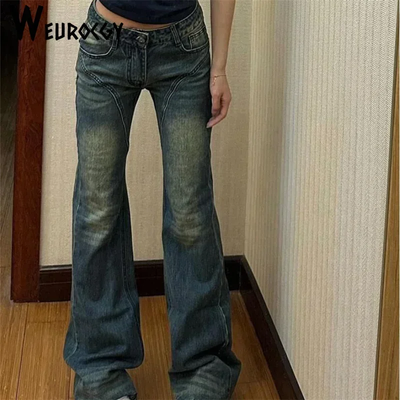 Imagem -04 - Calças Jeans Retrô Estampadas Americanas para Mulheres Micro-flare Cintura Alta Calças Largas Retas Calças de Arrasto no Chão Estética Verão 2023