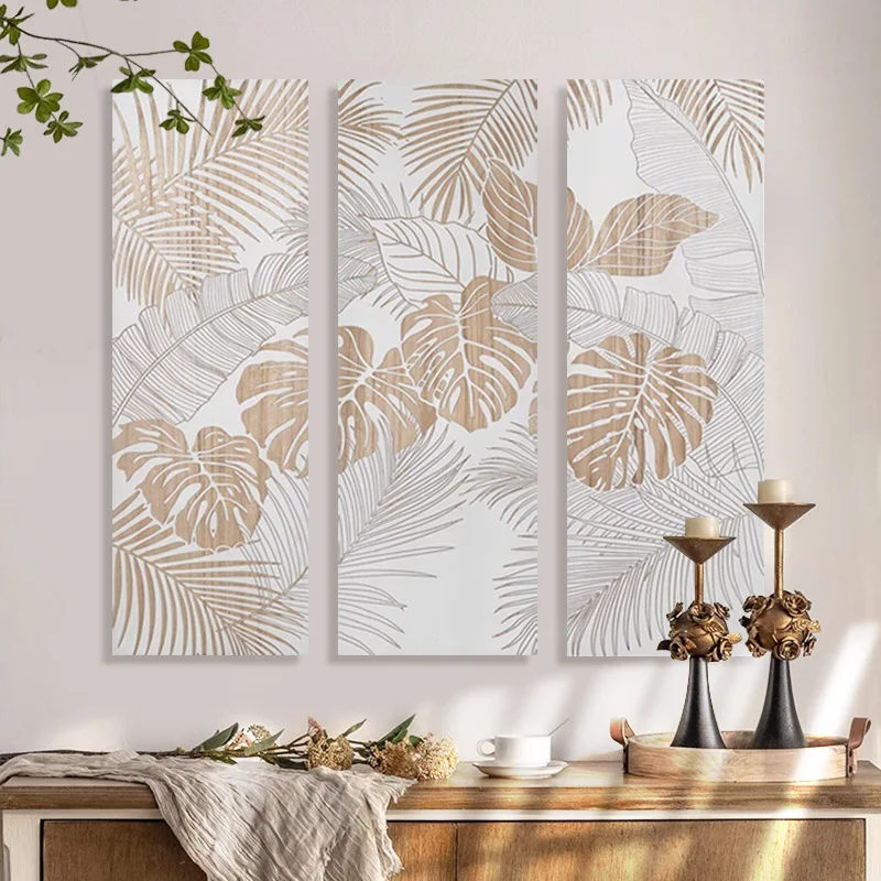 Monstera Leaf Carved Wood Wall Art, Triptych Panel, Botanical Relief, Paulownia, Modern Living Room Decor, 90x90cm, 3.1kg