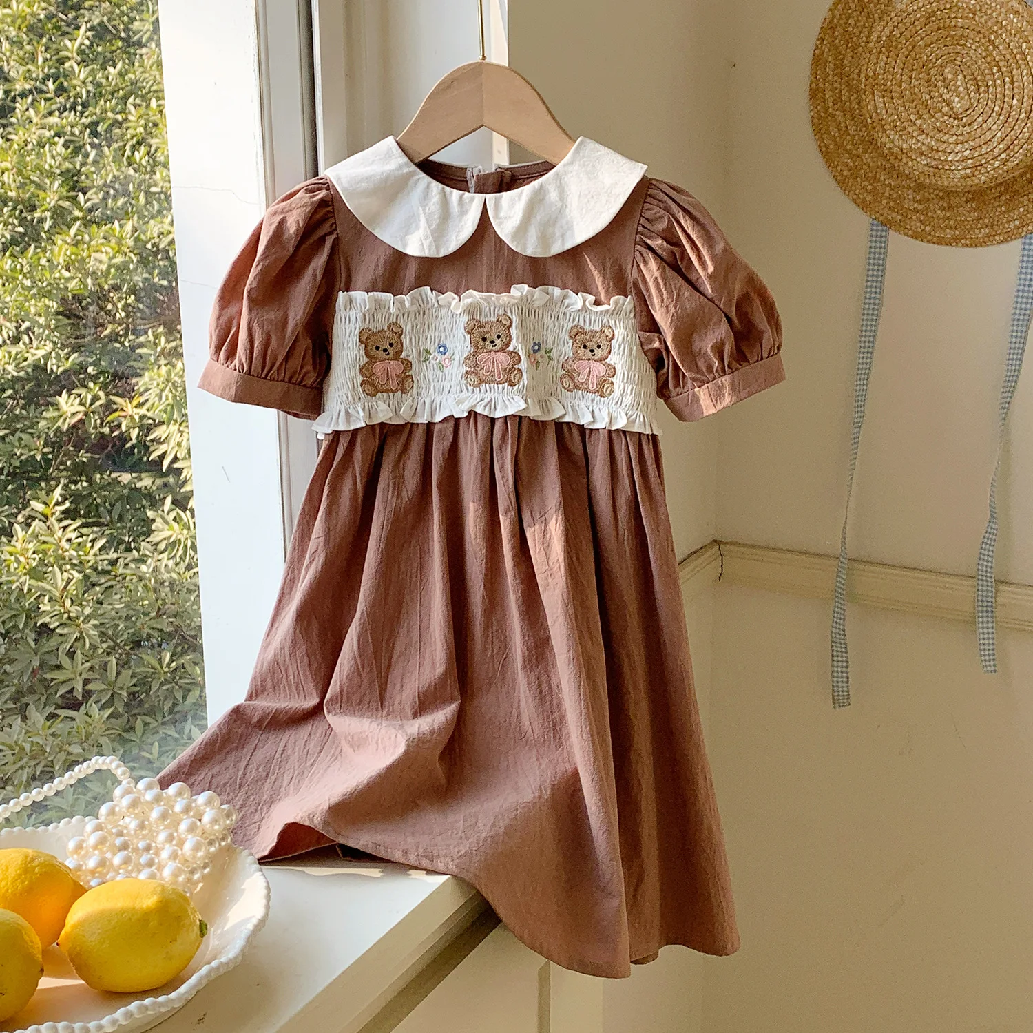 

Kids Clothes Summer 2026 Korean Style Kids' Dress Brown Bear Embroidered Doll Collar Short Sleeve Sweet Baby Skirt for Girls