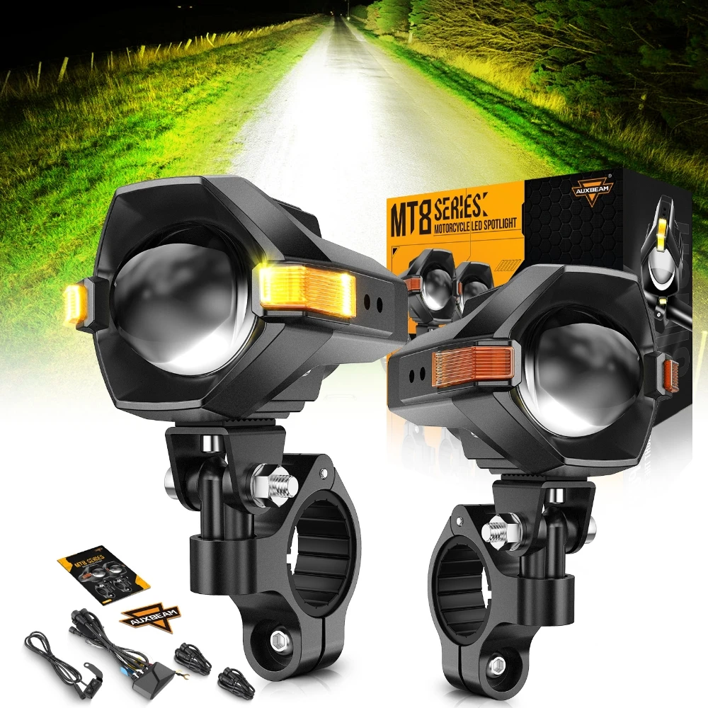 AUXBEAM MT8 3 INCH LED Motorcycle Spotlight PROJECTOR LENS HEADLIGHT 120W Yellow White DUAL COLOR SWITCHBACK DRL / Flashing