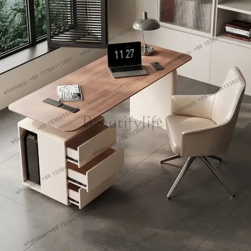 YJ Cream Desk Light Luxury Modern Solid Wood Simple Writing Desk Computer Desk Minimalist Office Table for Home Study