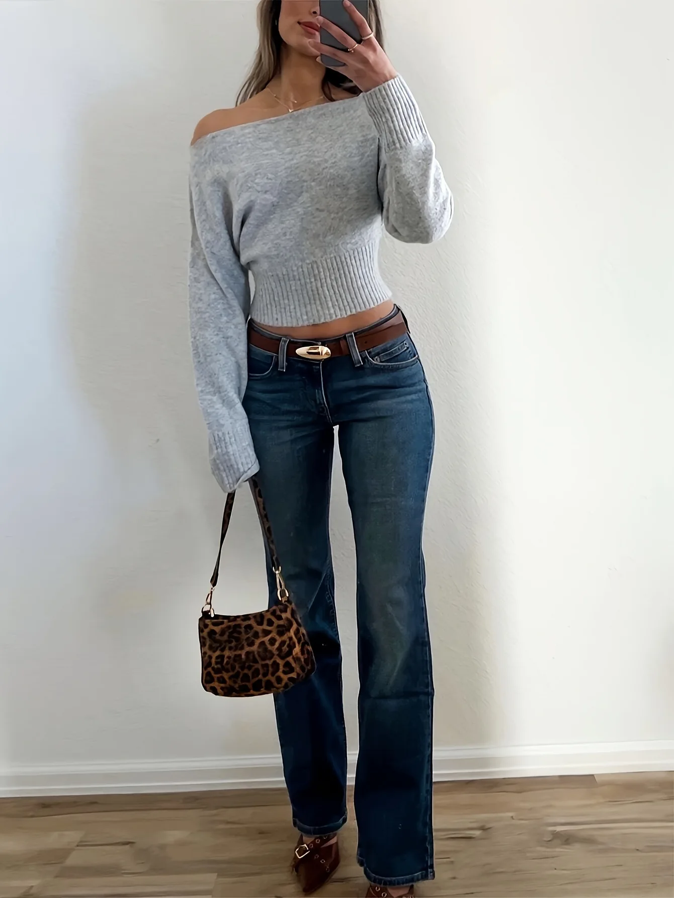 2026 Gray Long Sleeve Knit Sweater Women Pullovers Elegant Fashion One Shoulder High Waist Warm Knitted Sweater Crop Knitwear