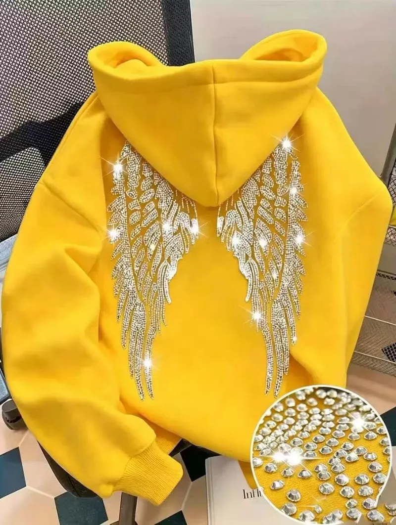 Leisure Spring and Autumn Sweater Wing Print and Hot Rhinestone Two Styles Women's Long-sleeved Pullover Hoodie