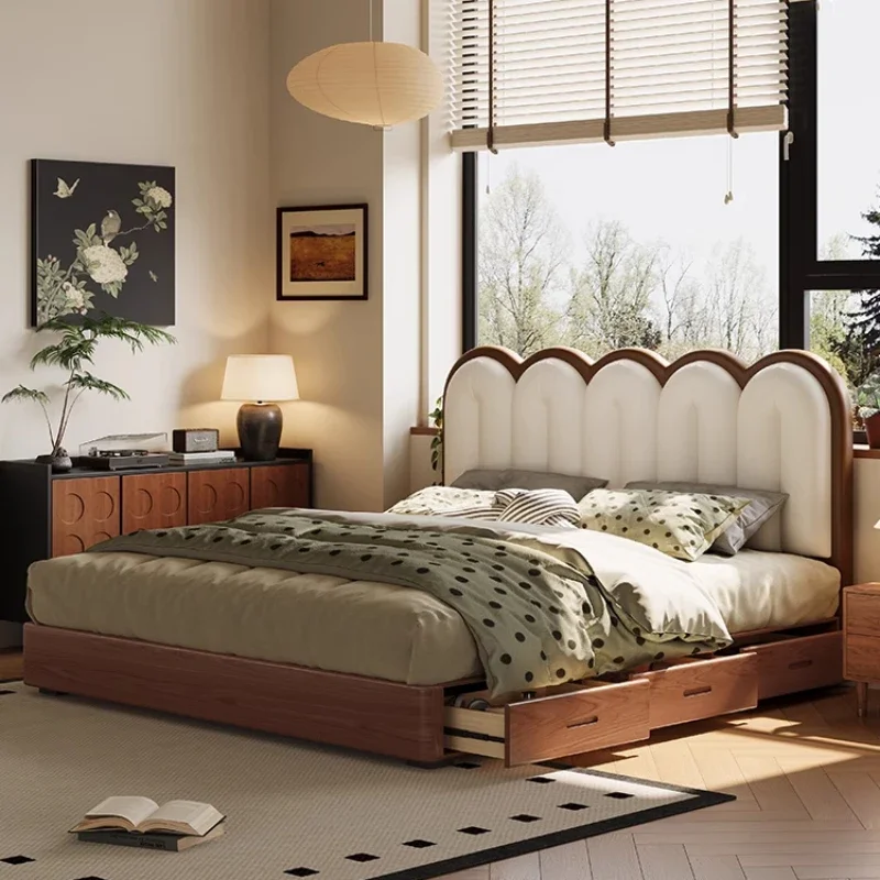 

Master bedroom double leather storage solid wood high backrest soft bag leather bed