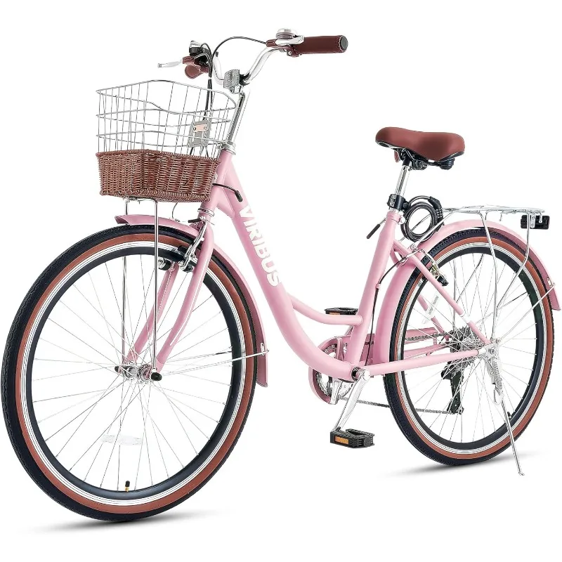 VIRIBUS Womens Cruiser Bike, 7 Speed Beach Cruiser Bike for Women, 26 inch Women Bicycle with Rattan Basket, City Commuter