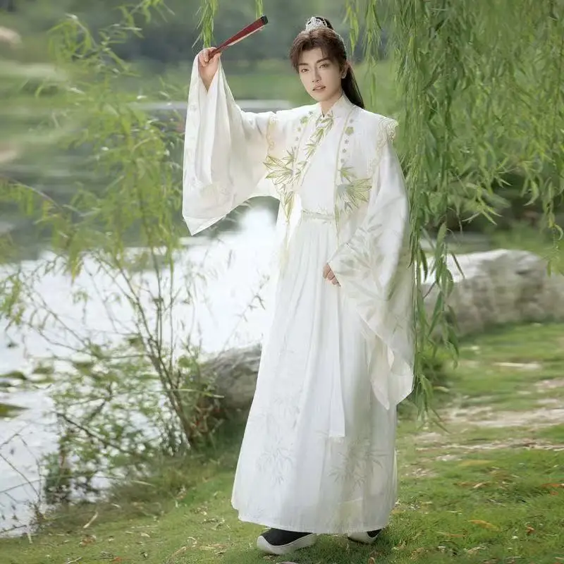 

Мужская черно-белая рубашка с вышивкой ханьфу, традиционная китайская рубашка с перекрестным воротником и большими рукавами, винтажный костюм фехтовальщика, мужской костюм для косплея