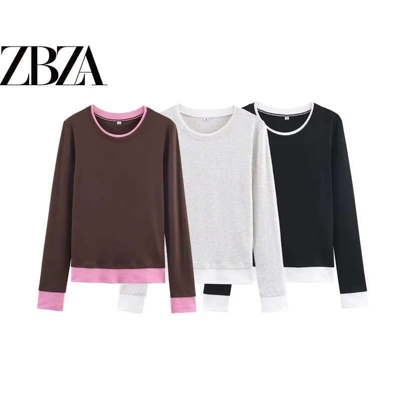 New Women's Slim Fit Long Sleeve round Neck T-Shirt Color Block Straight Cut Double Layer T-Shirt Casual Style Polyester Fiber